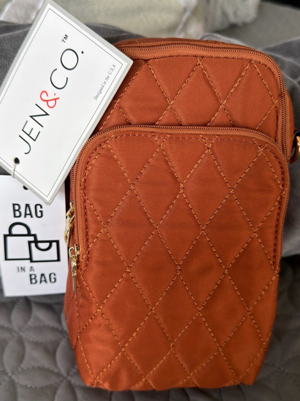 Jen & Co Quilted Crossbody Bag in Rust